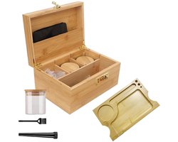 Grote bamboe box met cijferslot, kifferboxset, opbergdoos hout, decoratieve afsluitbare bamboeboxset met glazen container en dienblad, cadeau voor mannen (26 x 18 x 13 cm)