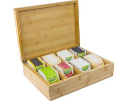 Grote Bamboe Theedoos met 8 opbergvakken voor 160 theezakjes [23 x 30,2 x 8,4 cm] | Stevige Grote Luxe Bamboe Theedoos met deksel