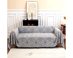 Grote banksprei voor 3-zitsbank met decoratieve kwastjes, dubbelzijdige bankhoes banksprei voor bank en bed, ruitpatroon met bladeren en bloemen - lichtgrijs, 180 x 300 cm