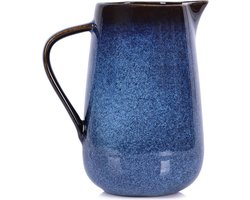 Grote Blauwe Keramische Kan Vaas met Handvatten - Rustieke Woondecoratie