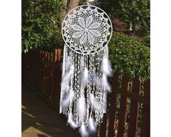 Grote Boho Dromenvanger met Witte Veer - Handgemaakt Wandbehang voor Bruiloft en Woondecoratie