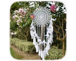 Grote Boho Dromenvanger met Witte Veren en Macramé - Wanddecoratie voor Wooninterieur
