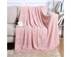 Grote Boho Woondeken met Kwastjes | Gebreide Decoratieve Plaid voor Bank, Bed en Reizen | Zacht & Ademend Roze (130x229 cm)