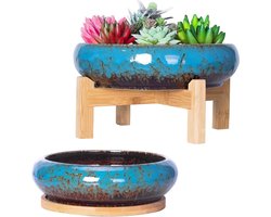 Grote Bonsai Pot met Dienblad Set van 2 - Kleurrijke Succulente Pot - Keramische Potten voor Cactus Planten - Tuin Decoratieve Bloempot