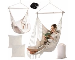 Grote Braziliaanse Hangstoel Beige met Kussens en Voetensteun 220 cm - Hangmat voor Tuin, Balkon of Woonkamer - Max. 150kg - Incl. Ophangband