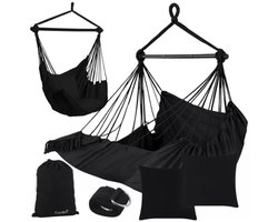 Grote Braziliaanse Hangstoel Zwart met Kussens en Voetensteun 220 cm - Hangmat voor Tuin, Balkon of Woonkamer - Max. 150kg - Incl. Ophangband