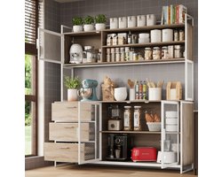 Grote Buffetkast Keukenkast met Werkblad 150 cm – Hoge Opbergkast met 3 Lades & 3 Deuren – Vitrinekast met Legplanken – Moderne Keukenbuffetkast voor Woonkamer & Eetkamer – Eiken Wit – Novihome