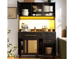 Grote Buffetkast Keukenkast met Werkblad en Vitrine - Hoge Dressoir Zwart