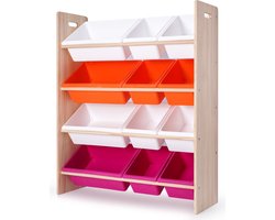 【Grote capaciteit】Massief houten 4-laags Kast L103 x H89 x B30 cm met 9 Opslagbakken & Boekenplank - Morandi - Opbergkast - Speelgoedrek - Opbergrek - Speelgoedboxen - Opbergmeubel - Kast voor kinderkamer - Kinderkast - Speelgoedkast kinderkamer