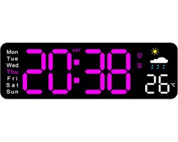Grote digitale led wandklok bedienbaar met afstandsbediening, multifunctionele wekker die datum, weekdag, temperatuur en luchtvochtigheid weergeeft, zwarte kast met paarse led-verlichting geschikt voor woonkamer, slaapkamer, klaslokalen en kantoor