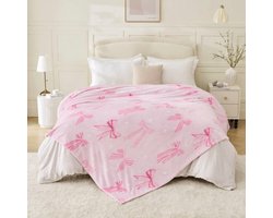 Grote Flanellen Fleece Deken - Roze met Strikjes Patroon - 230x230 cm - Zachte Plaid voor Bank en Bed