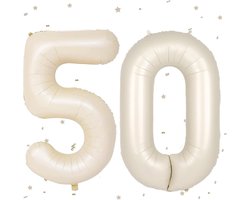 Grote Folieballon Cijfer 50 - 101 cm - Beige/Crèmewit - Verjaardag en Jubileum Decoratie