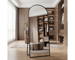 Grote, Gebogen Spiegel, 162x53 cm, Minimalistische Vrijstaande Spiegel, Grote Staande Spiegel, Gebogen en Hangend, Elliptisch, Voor Slaapkamer, Woonkamer, Hal, Zwart (Zwart, 162x53 cm)
