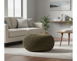 Grote Gebreide Poef Army Green 70x70x35 cm – Luxe Ovale Katoenen Voetenbank & Bijzetpoef – Altameubel
