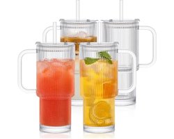 Grote Geribbelde Drinkbekers met Handvat – Met Deksel en Rietje – Set van 4 – 760 ml – Transparant Glas