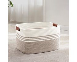 Grote geweven wasmand van katoenen touw, 60 liter opbergmand met leren handvatten, mand voor dekens, kleding, speelgoed, wasmand voor kinderkamer of woonkamer, 53 x 38 x 29 cm, wit en bruin