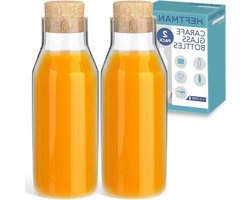 Grote glazen decanteerfles - 1,5 liter fles met kurken dop voor heldere waterkaraf voor warme en koude dranken herbruikbare flessen voor wasverzachter en wasmiddelopslag met stopper (2 stuks)