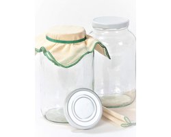 Grote Glazen Potten met Deksels - 2x stuks - 4,25 l – Makkelijk om te Reinigen, Luchtdichte Verpakking met Brede Opening, 50x50cm Mousseline Doekjes & Elastiekjes - Kombucha, Kefir, Fermentatie, Inleggen in Zuur, Conserven