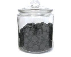Grote glazen snoeppot-koekjespot-voorraadpot (wordt leeg geleverd). MAAT - L 25cm hoog, doorsnede 19cm Inhoud 3,8 liter is bijvoorbeeld 3 kilo drop