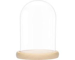 Grote Glazen Stolp met Houten Basis - 20cm - Helder - Decoratieve Tafeltop Display Case voor Lichtjes en Antiek - Scandinavisch Design - Woondecoratie