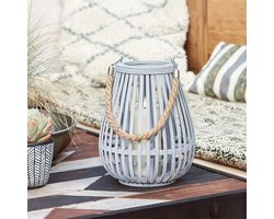 Grote Grijze Houten Lantaarn met Touwhandgreep - LED Kaars met Flikkerende Vlam - 26 cm voor Binnen en Buiten