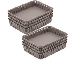 Grote grijze opbergkist, dienblad, mand, organizer in rotan-look van kunststof, voor woonkamer, kledingkast, kinderkamer, 35 x 25 x 6 cm, 8 stuks