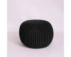 Grote Handgebreide Ronde Poef van 100% Katoen Voetenbank Ottomaan Zwart