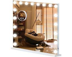 Grote Hollywood Vanity Spiegel - Intelligente Bluetooth-verbinding - USB oplaadbare poort - Drie LED-verlichtingsmodi - Tafelblad Wandmontage 80*58CM-10x vergrootglas WIT