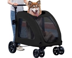 Grote Hondendriewieler, Verwijderbaar Kussen Verstelbaar Handvat Opvouwbare 4-Wielige Huisdierenwagen, Voor- en Achteringang voor Hondenkar tot 50 kg of 2 Middelgrote Honden (Zwart)