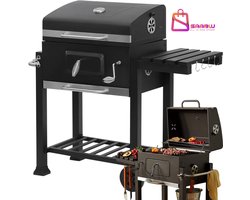 Grote Houtskool Barbecue met Deksel – Thermometer, 2 Grillroosters, Aslade & Zijtafel – BBQ met Wielen – 51772