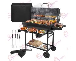 Grote Houtskool BBQ Grill met Deksel - Thermometer - Zijtafels - Wielen - Tuingrill – Zwart – bbq houtskool – bbq hoes – barbecue – 62507