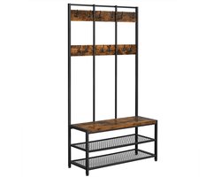 Grote kapstok, multifunctioneel halmeubel met dubbele opbergrek, 12 haken en schoenenbank, geschikt voor gang, kantoor en slaapkamer, stevig metalen frame, 100 x 40 x 184 cm, bruin en zwart