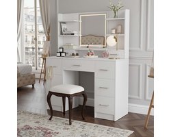 Grote Kaptafel 110 cm met LED Spiegel & Stopcontact - ADFBL - Luxe Make-up Tafel met 7 Lades & Kast - Bureau met Veel Opbergruimte - 3 Lichtkleuren Dimbaar - Wit