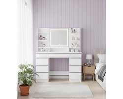 Grote Kaptafel met LED-Verlichting en 9 Lades - Verstelbare Helderheid, 3 Verlichting Kleuren, Moderne Stijl, Spiegel met HD Reflectie, Witte & Zilveren Afwerking - 40 x 107 x 140 cm Novihome