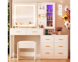 Grote kaptafel met LED-verlichting en kruk – Witte kaptafel met spiegel, stopcontacten, USB, 8 lades, RGB-plank en 3 lichtkleuren – Moderne kaptafel voor de slaapkamer 131 cm HomeByNicole
