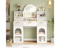 Grote kaptafel met LED-verlichting en spiegel - met 3 lades - met 2 glazen deuren - met planken - wit - 120x40x139,5 cm