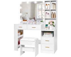 Grote kaptafel met verlichting en opbergruimte – Elegante make-uptafel met spiegel en glazen tafelblad