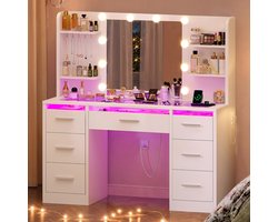 Grote kaptafel met Verlichting-Stopcontacten- RGB - Glazen blad-7 Lades-4Planken - Moderne Kaptafel -Slaapkamer - Wit