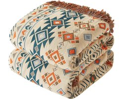Grote Katoenen Plaid voor Bank en Bed - Geweven Dekbed met Kwastjes en Patchwork - Decoratief en Omkeerbaar