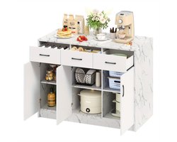 Grote Keukenisland – Keukeneiland – Buffetkast – Modern Meubel – Eilandkast Wit Marmer – 120x60x90,5 cm – Soft-Close Lades – Verstelbare Planken