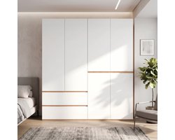 Grote Kledingkast 180x50x200 cm met 6 Deuren & 5 Lades - Luxe Kleerkast met 2 Kledingstangen - Draaideurkast Wit & Artisan Eiken