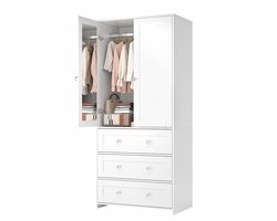 Grote Kledingkast met Spiegel en 3 Lades - 2-Deurs Garderobekast met Kledingroede - Open & Gesloten Opbergkast - Modern Hout - Voor Slaapkamer, Hal & Woonkamer - Wit - 80 x 48 x 180 cm