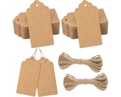 Grote Kraft Papieren Tags 5 x 10 cm met Jute Touw voor Cadeauverpakking, Boekensteunen en Bruiloften - 100 Stuks Bruin