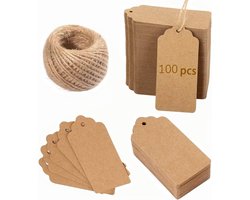 Grote Krafthpapieren Cadeautags - 100 Stuks - 5x10cm Bruine Lege Labels met Touw voor Cadeaus en Decoratie