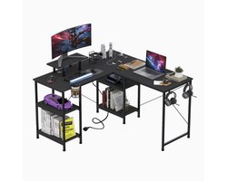 Grote L-vormige Gaming Bureau – Carbon Fiber Oppervlak, Stevig Metalen Frame -Cuphouder & Headset Haken – 210×50 cm, Ruimtebesparend en Modern Zwart