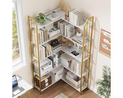 Grote L-vormige hoekboekenkast – Industriële hoge boekenrek met 5 lagen – Opberg- en tentoonstellingsmebel hout & metaal parelontwerp voor woonkamer- slaapkamer- kantoor – 183 cm – 5 niveaus – Goud met reliëf