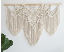 Grote Macramé Muur Opknoping Boho Handgemaakt Geweven Tapijt Met Kwastjes, Ambachtelijk Versiering, Muurkunst Beige Natuurlijk Katoenen Touw, Boheems Chique Muurdecoratie voor Slaapkamer