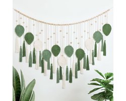Grote Macramé Wandtapijt met Beige en Groene Bladeren, Kwastjes en Houten Kralen - Handgemaakt Decor voor Bohemian Slaapkamer, Woonkamer en Kinderkamer 130 x 80 cm