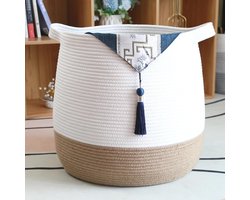 Grote mand van katoenen touw, geweven opbergmand voor speelgoed, was- en plafondorganizer, ronde geschenkmand met handgrepen voor kinderkamer, 45 x 43 cm (bruin linnen & wit)