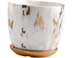 Grote Marmeren Bloempot - Decoratieve Plantenbak - Planten Binnen - Keramiek Met Motief - 18x18x15cm - Wit